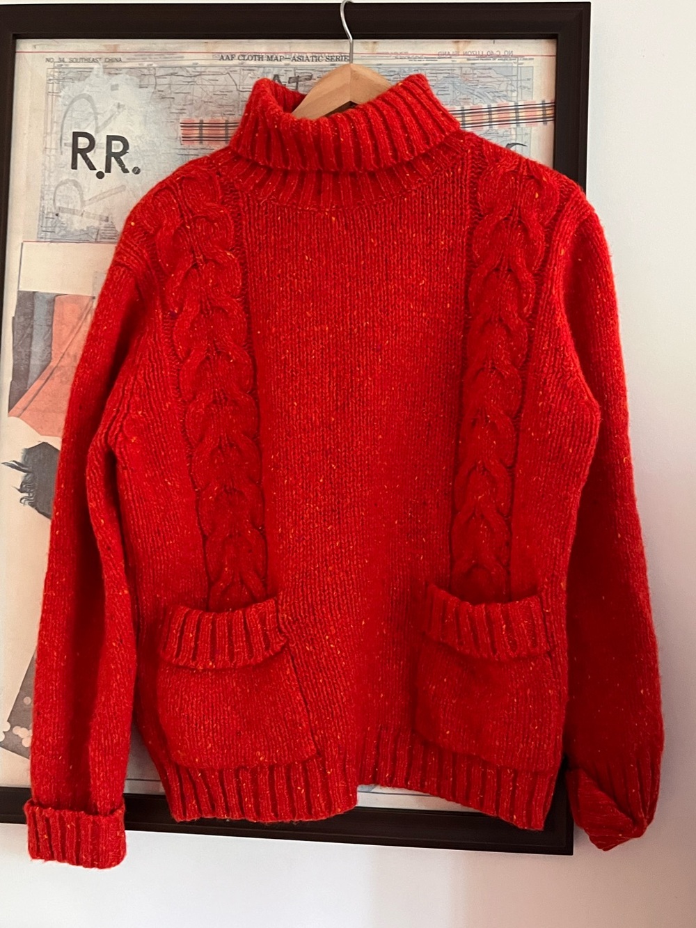 Vintage 💯 Wool Handknit Chunky Turtleneck Cable Patch Pocket Sweater S-M